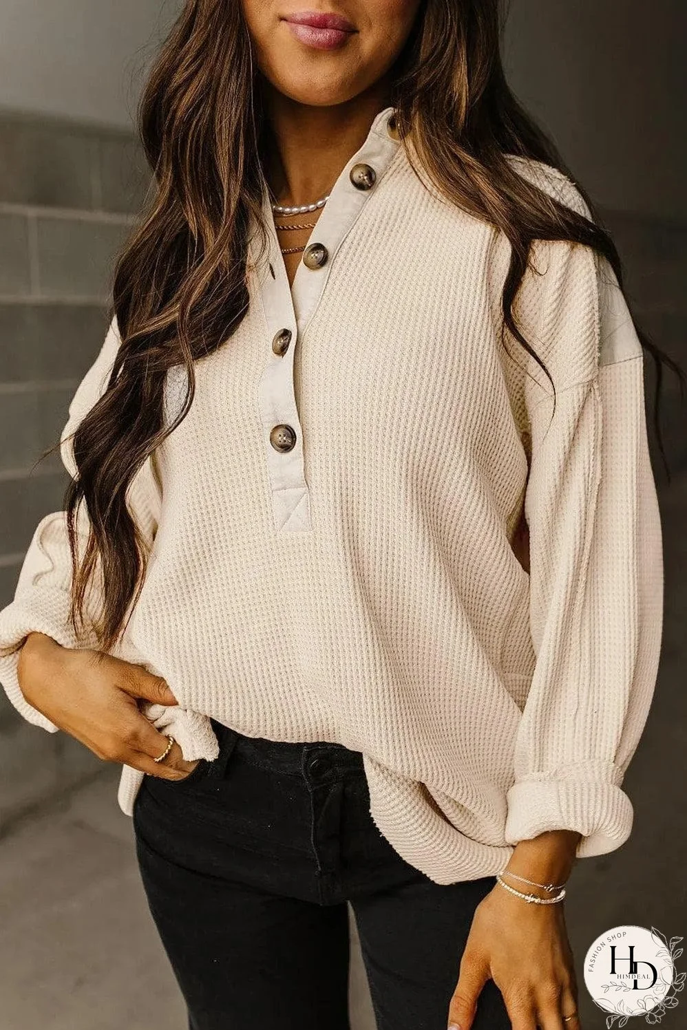 Jet Stream Waffle Long Sleeve Collar Half Button Loose Top
