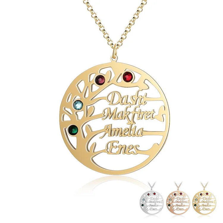 Family Tree Name Necklace Custom 4 Names Personalized with 4 Birthstones Tree Of Life Pendant