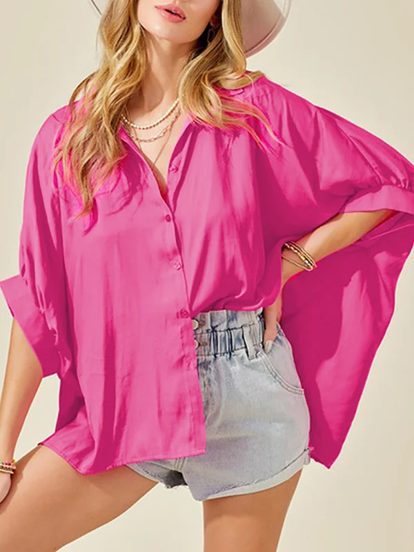 Pleated Split-Front Split-Joint Batwing Sleeves Half Sleeves Lapel Blouses