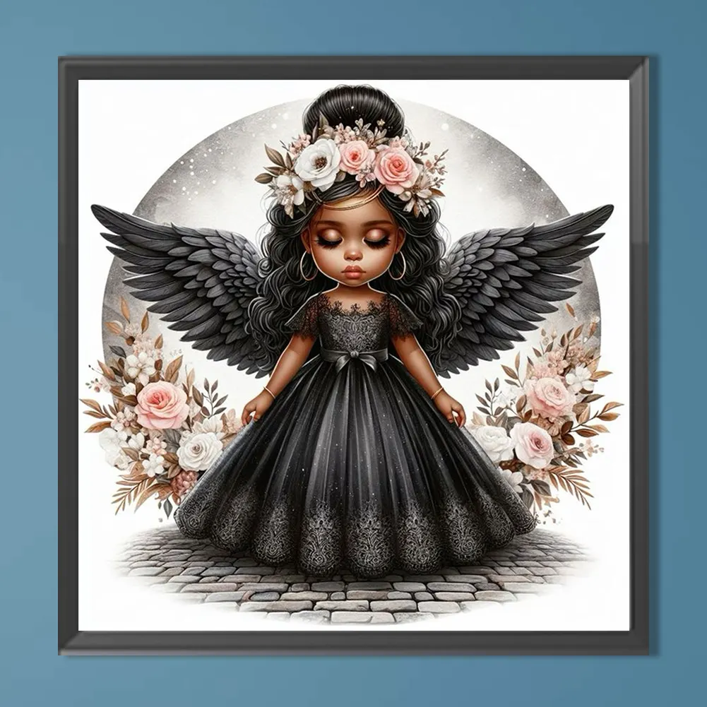 Diamond Painting - Full Round Drill - Black Angel Girl(Canvas|40*40cm)