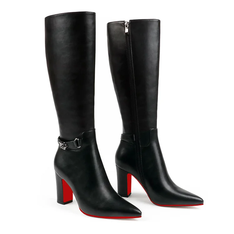 85mm/3.35 inch Women's red bottom matte high heel pointed toe buckle style casual zipper knee high boots VOCOSI VOCOSI