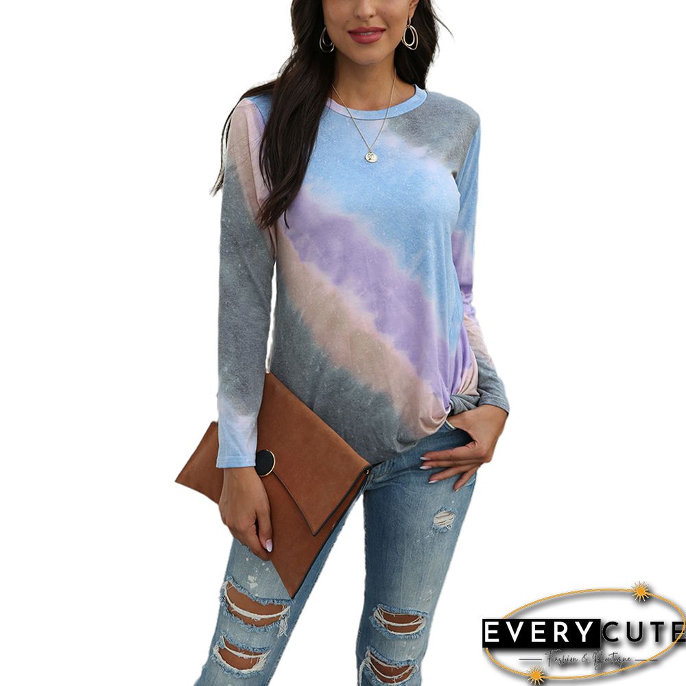 Light Blue Front Twist Tie Dye Print Long Sleeve Top