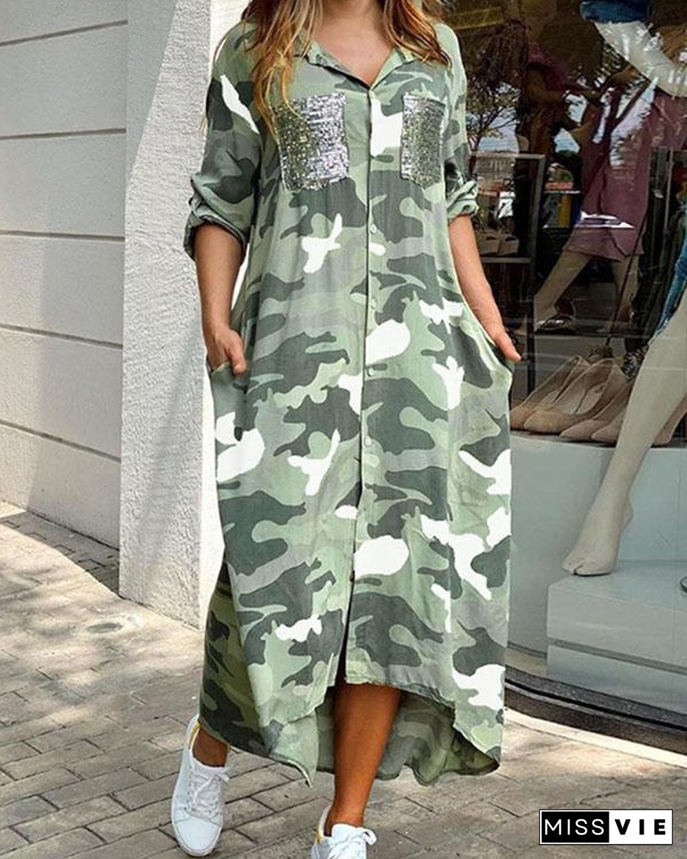 Camouflage Print Sequins Pocket Design Maxi Dress