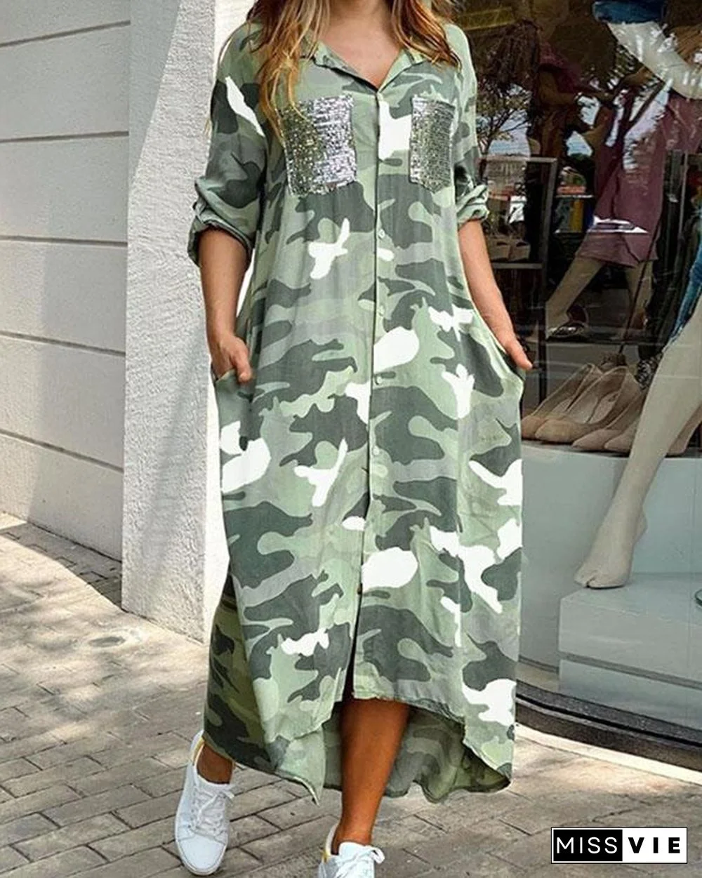 Camouflage Print Sequins Pocket Design Maxi Dress