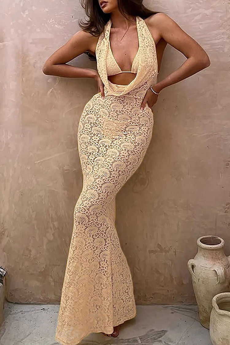 Jacquard Lace Halter Cowl Neckline Slim Fit Maxi Dresses Bikini 3pcs Set-Beige