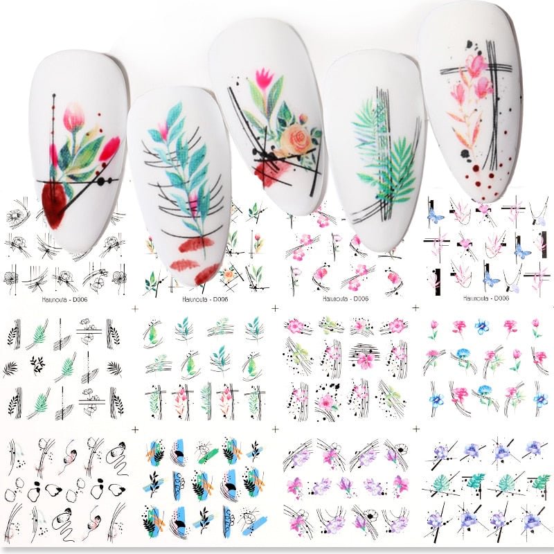 Harunouta 12Pcs Sexy Girl Geometric Lines Nail Water Stickers Spring Simple Flower Leaves Decals Slider DIY Nail Art Decoration