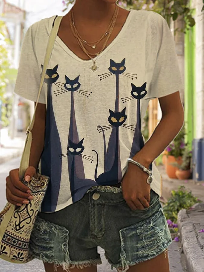 Women's Funny Cat Print V-Neck Casual T-Shirt