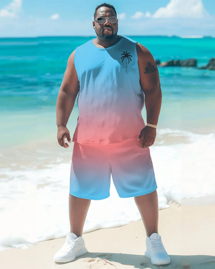 Men's Large Summer Simple Gradient Coconut Tree Print Vest Shorts Suit