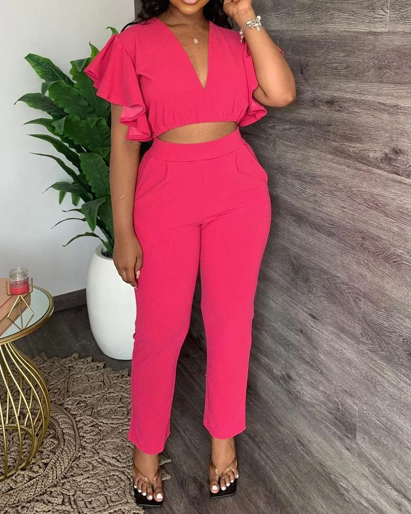 Solid Color Two Piece Suit with Deep V Ruffle Sleeves