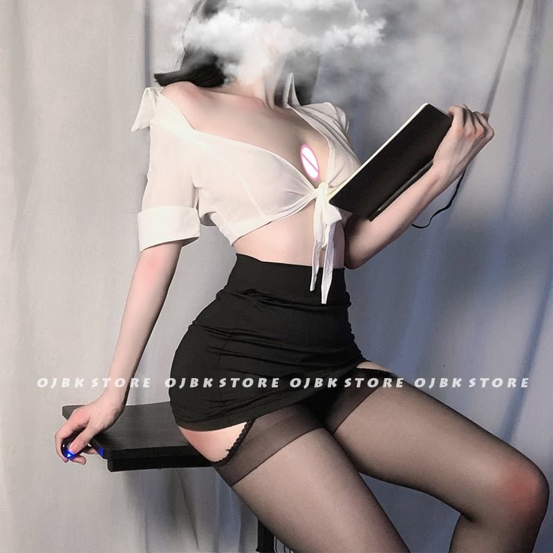 OJBK Women Sexy Cosplay Costume Erotic Office Uniform Suit Hot Perspective Role Play Outfit Black White Top And Skirt Entice Set