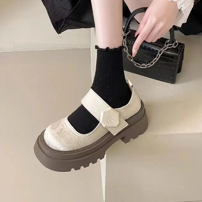 Yyvonne Jane Women's Shoes Spring And Autumn High-End Feel Magic Sticker Lefu Shoes Small Leather Shoes New Chinese Embroidery National Style Thick Sole Single Shoe