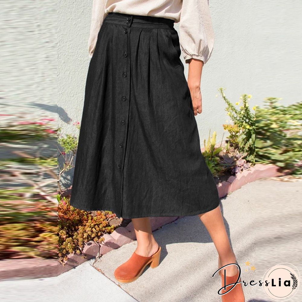 S-5Xl Ladies Denim Button Ruffle High Waist Long Skirt Dress Casual Elegant Loose Outwear A Line Dress Kleid