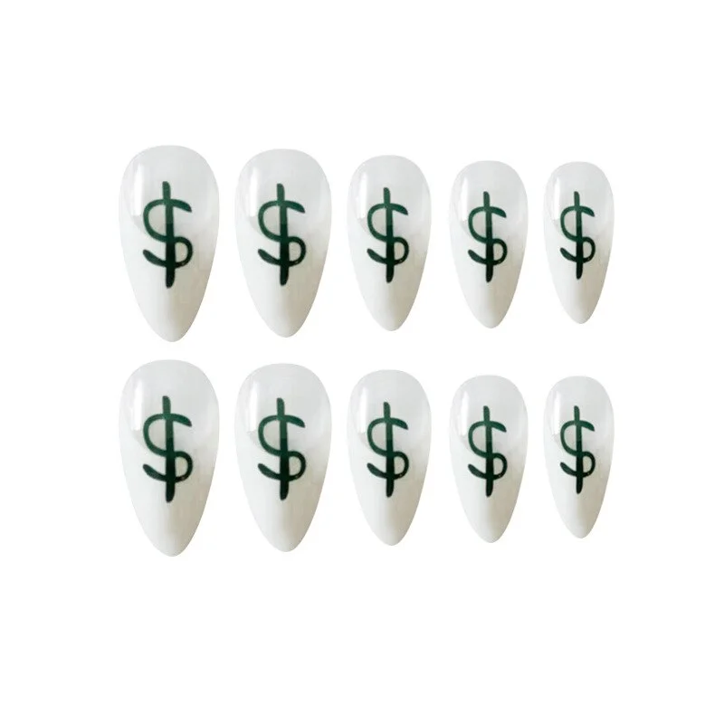24Pcs/Set Dollar Sign Fake Nails Detachable White Sharp False Nail Decoration Nail Art Tools Press On Fake Nails With Glue-Nail Inspo