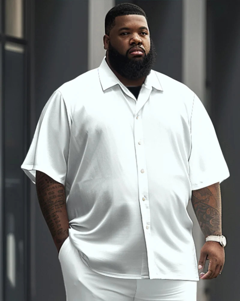 Versatile Solid Color White Big Men's Short Sleeve Shirt Trousers Set