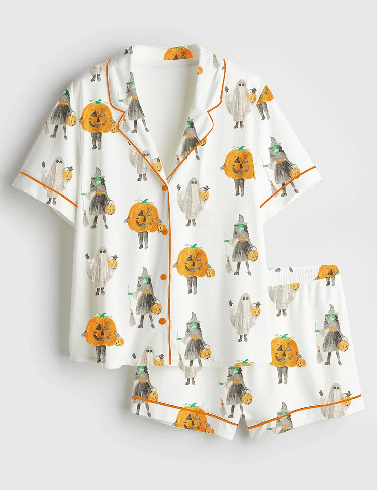 Women&rsquo;s Witchy Halloween Spooky Pumpkin Aesthetics Witchy Halloween Witch Print Short Sleeve Satin Pajama Set