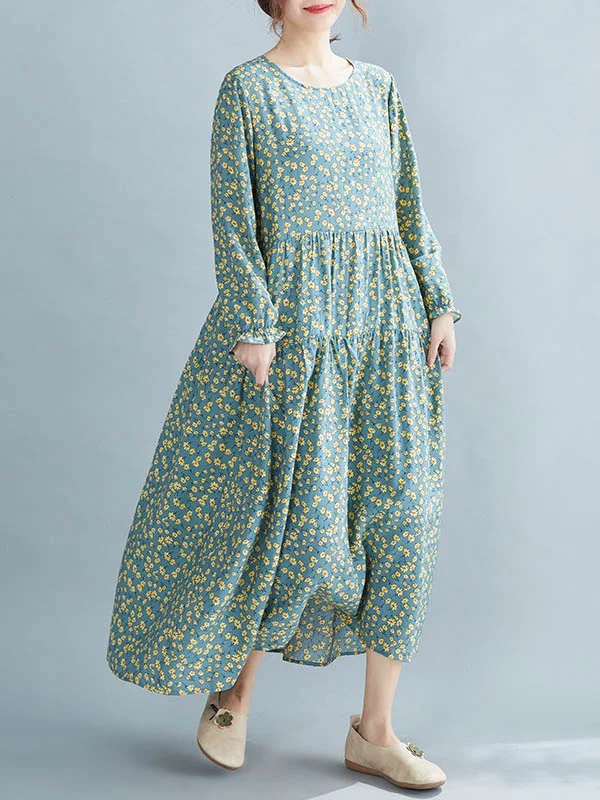 Artistic Retro Floral Stamped Pleated Round-Neck Long Sleeves Midi Dress