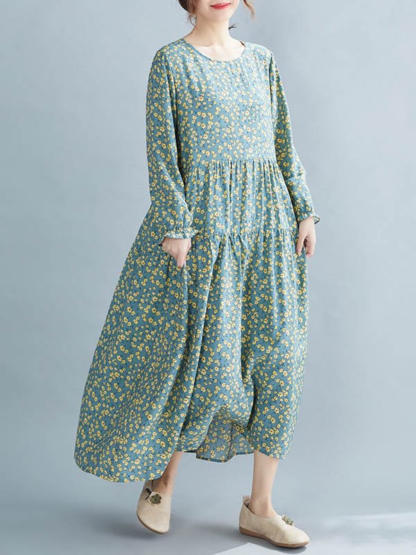 Artistic Retro Floral Printed Pleated Round-Neck Long Sleeves Midi Dress