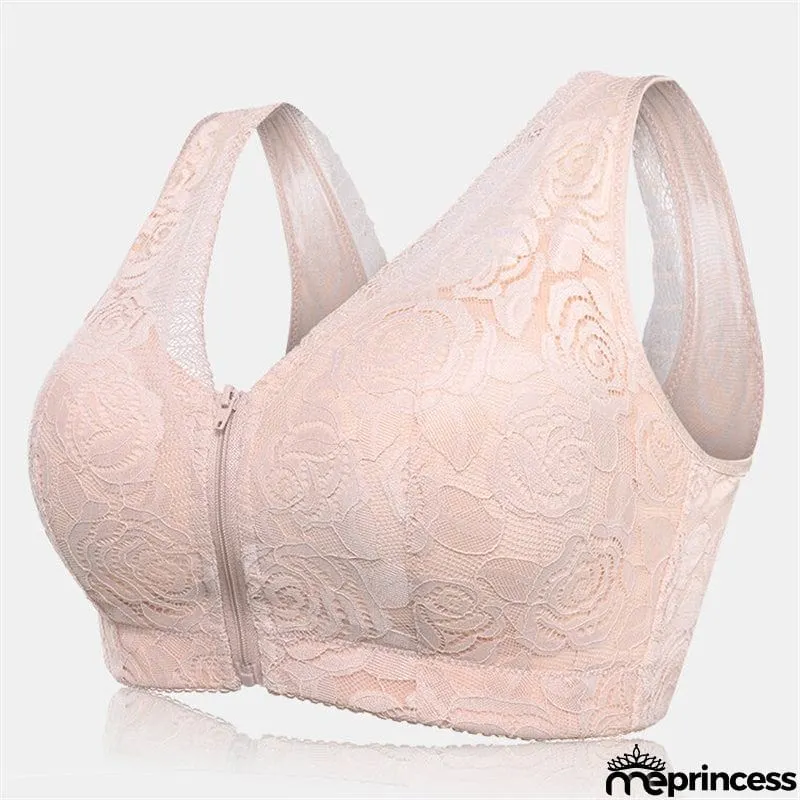 Wireless Rose Lace Front Zip Soft Cotton Lining Sleep Bras - Green