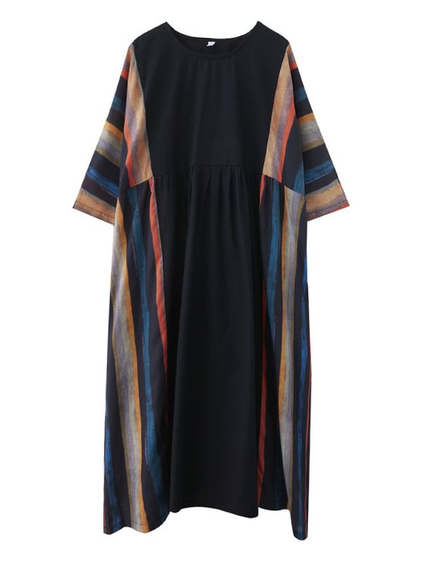 Vintage Split-Joint Round-Neck Loose Batwing Sleeve Midi Dress