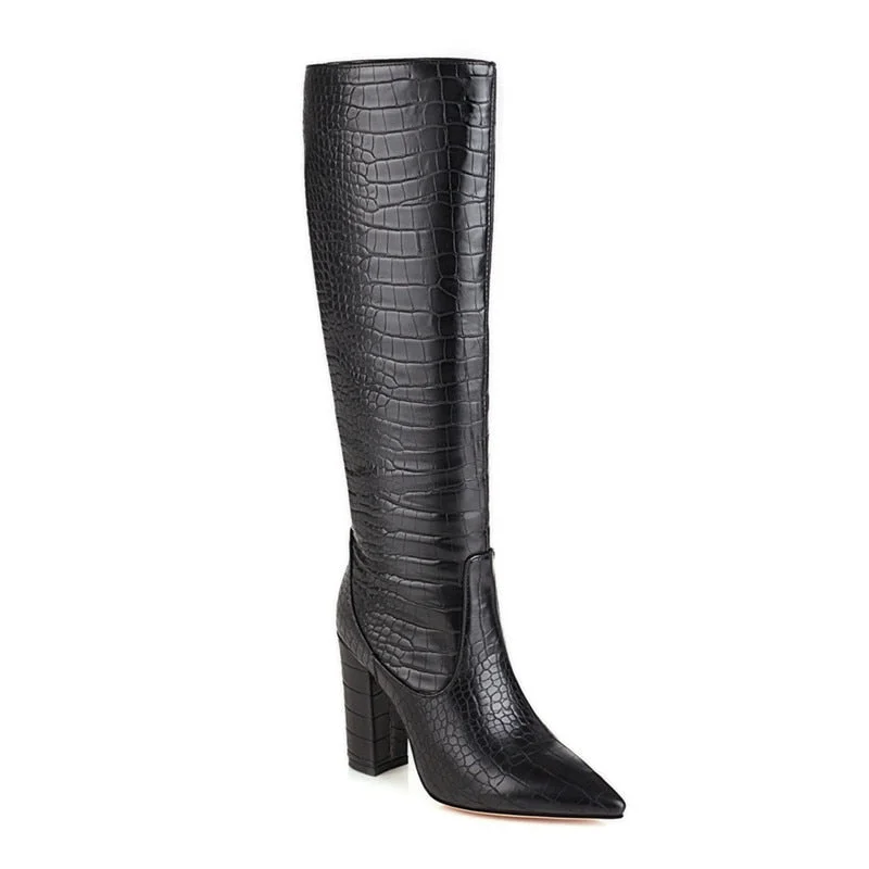 Women High Knee Boots Elegant Crocodile Print Microfiber Long Boots Women Pointed Toe Chunky Heel Party Shoes Thick Bottom Botas