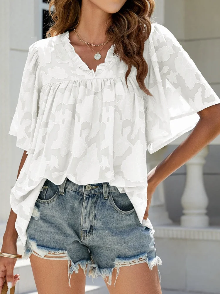 Women's Floral Textured Short Sleeve Bell Sleeve V-Neck Chiffon Top