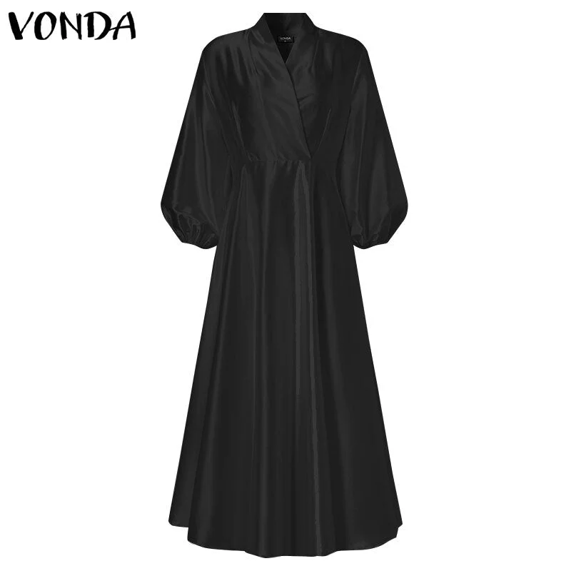 Women Autumn Long Maxi Party Dress 2022 VONDA Sexy V Neck Long Sleeve Solid Dresses Bohemian Vestidos Femme Satin Slik Sundress