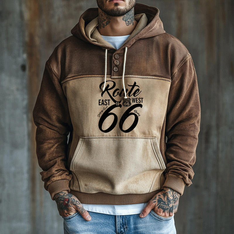 Men's Route66 Corduroy Splicing And Contrasting Colors Hoodie
