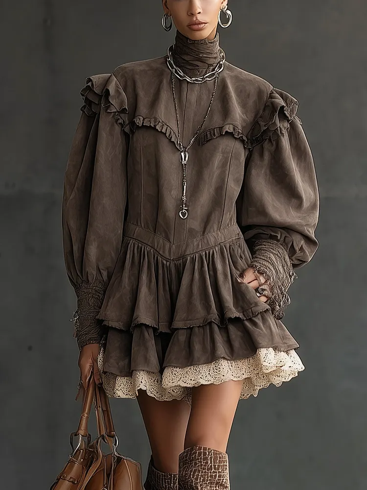 Vintage Brown Faux Suede Ruffled Lace Hem Long Sleeve Mini Dress