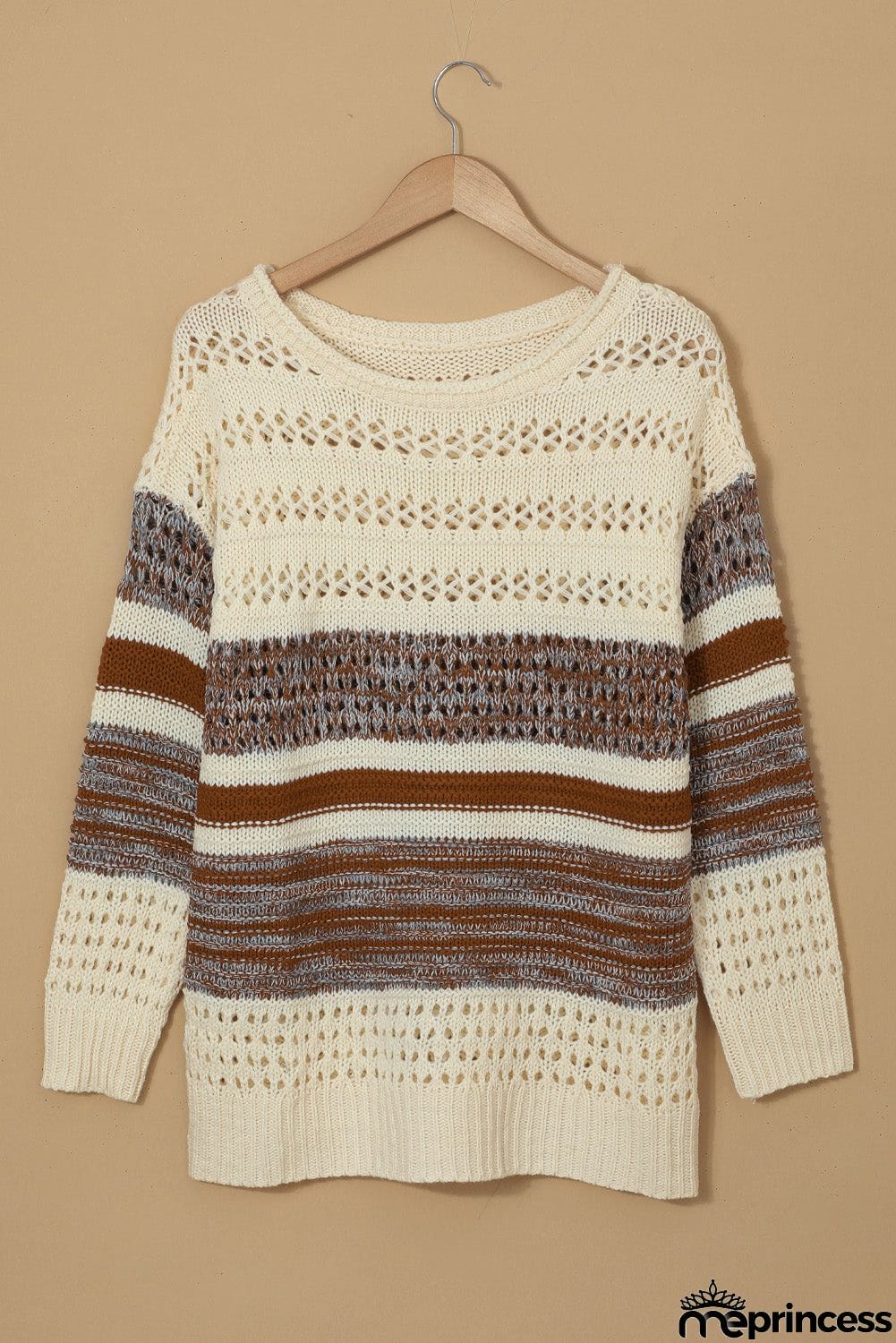Brown Loose Openwork Round Neck Sweater