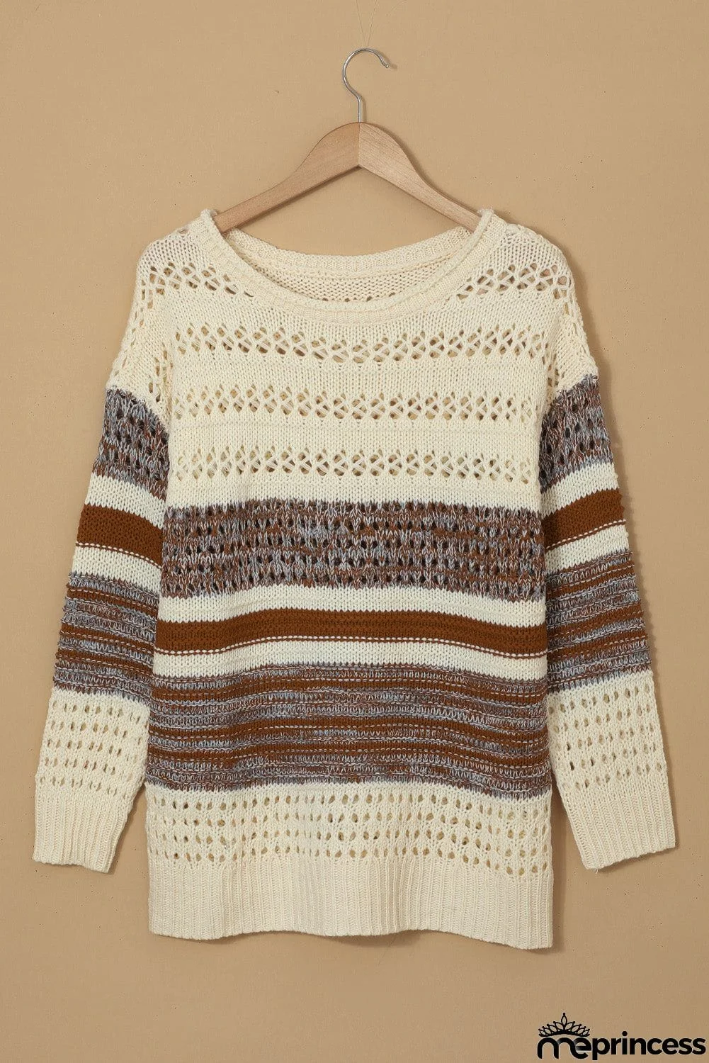 Brown Loose Openwork Round Neck Sweater