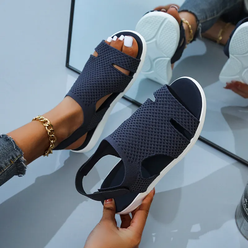Breakj Breakj Summer New Women's Sandals Large-Size Breathable Elastic Fly Weaving Flat Bottom Casual Women's Shoes