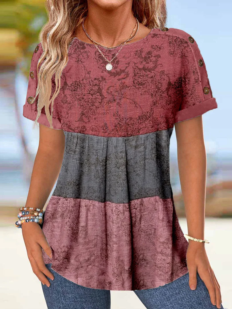 Women's Short Sleeve Scoop Neck Graphic Buttons Top