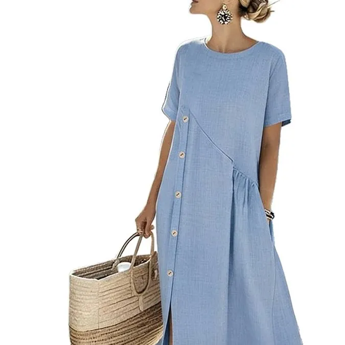 Round Neck Diagonal Button Side Slit Linen Midi Dress