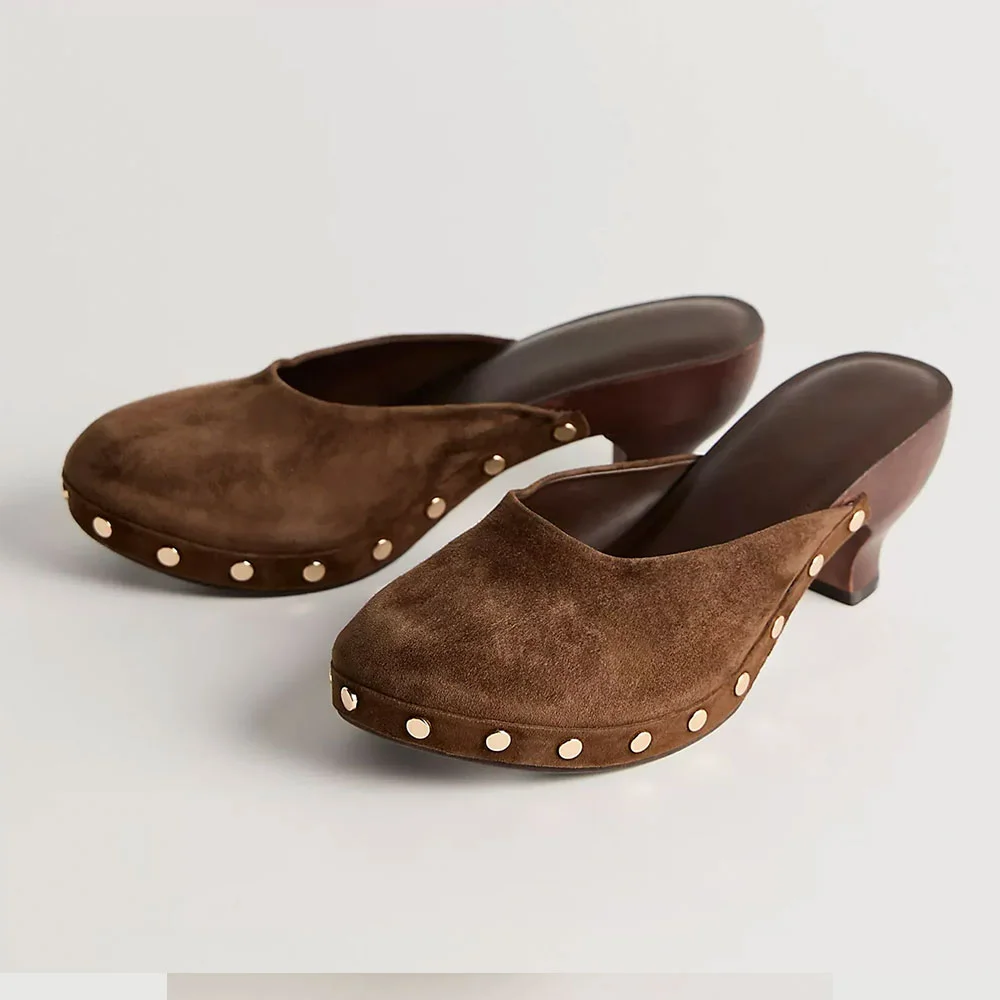 Brown Vegan Suede Round Toe Studded Spool Heel Mules Shoes