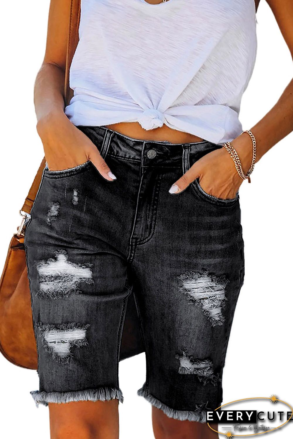 Black Distressed Denim Bermuda Shorts