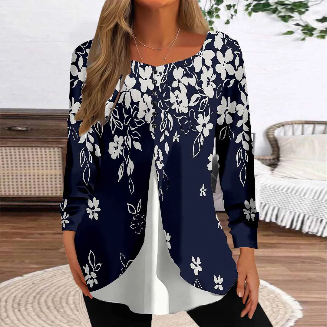 Women Floral,Blue DZGG8274 Long Sleeve Scoop Neck Printed Graphic Button Fake 2in1 Tops