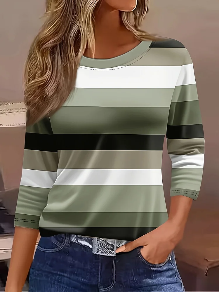 Women's Casual Three-Quarter Sleeve T-Shirt - Soft Pink & White Striped Round Neck Top, Breathable Fabric For Spring Summer Fall, Machine Washable Regular Fit, Ladies T Shirts, Seasonal Fashion, Striped Print Tee, Durable Casualwear