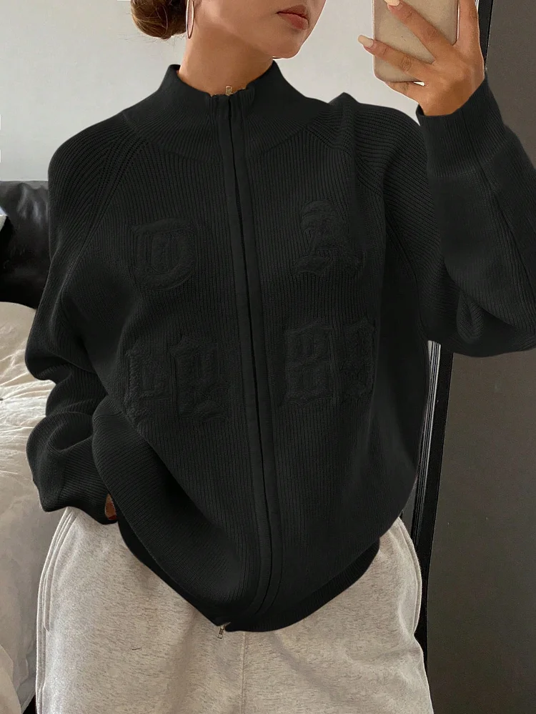 1pc Women's Solid Color Letter Print Turtleneck Loose Knit Sweater