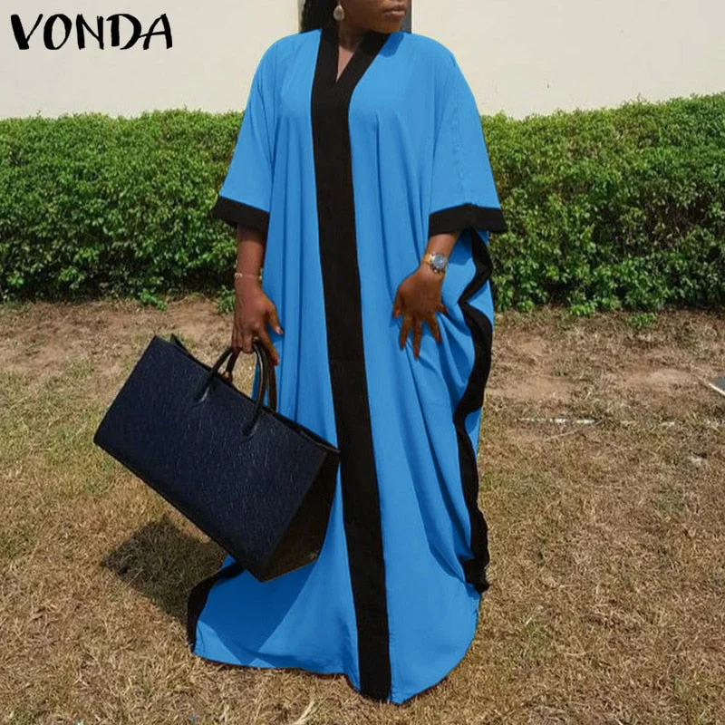 Women Baggy Dresses VONDA 2022 Ladies Bohemian Vestidos Female Sexy V Neck Patchwork Print Robes Longue Oversized Sundress