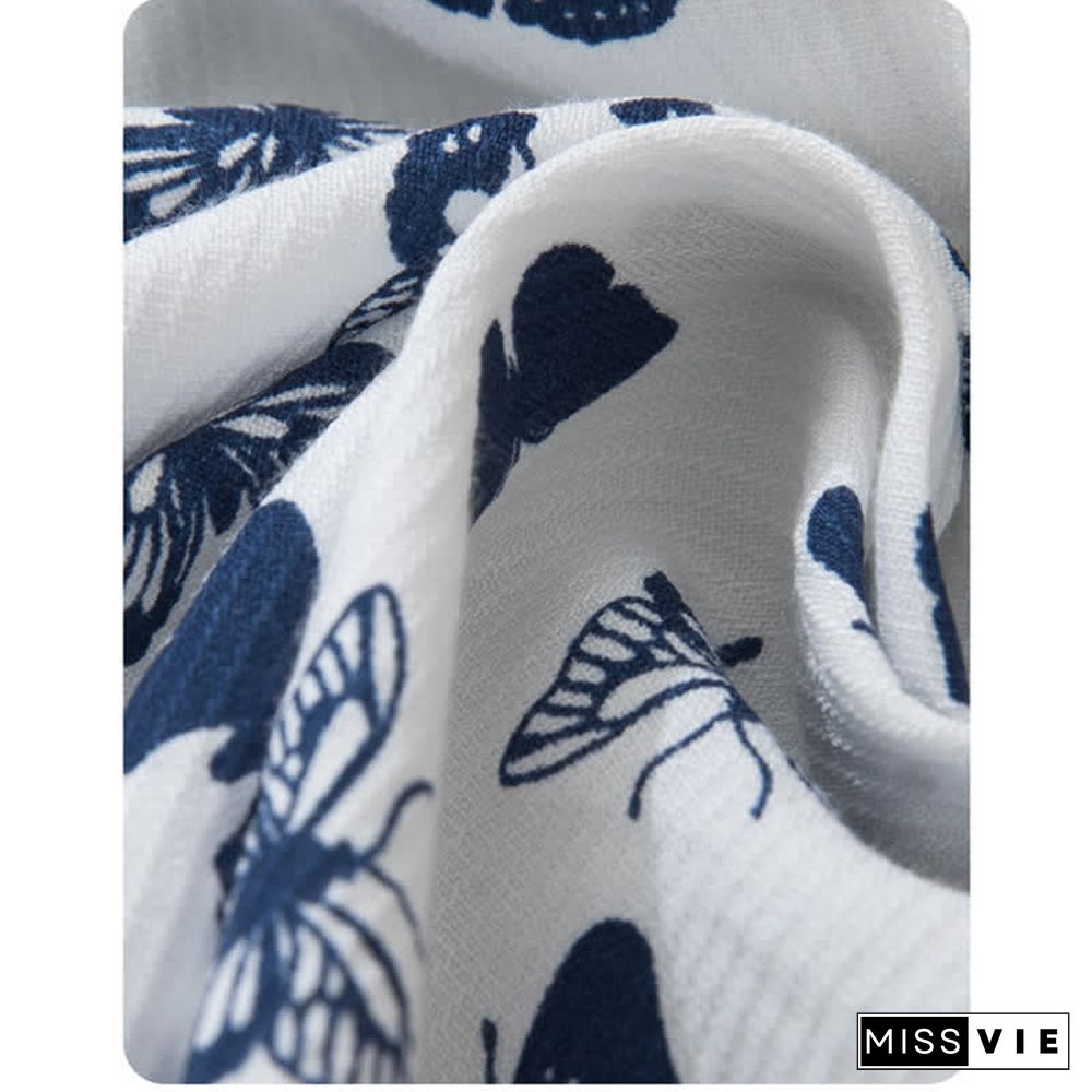 Vintage Butterfly Print Pocket Lace Up Loose Polo Shirt