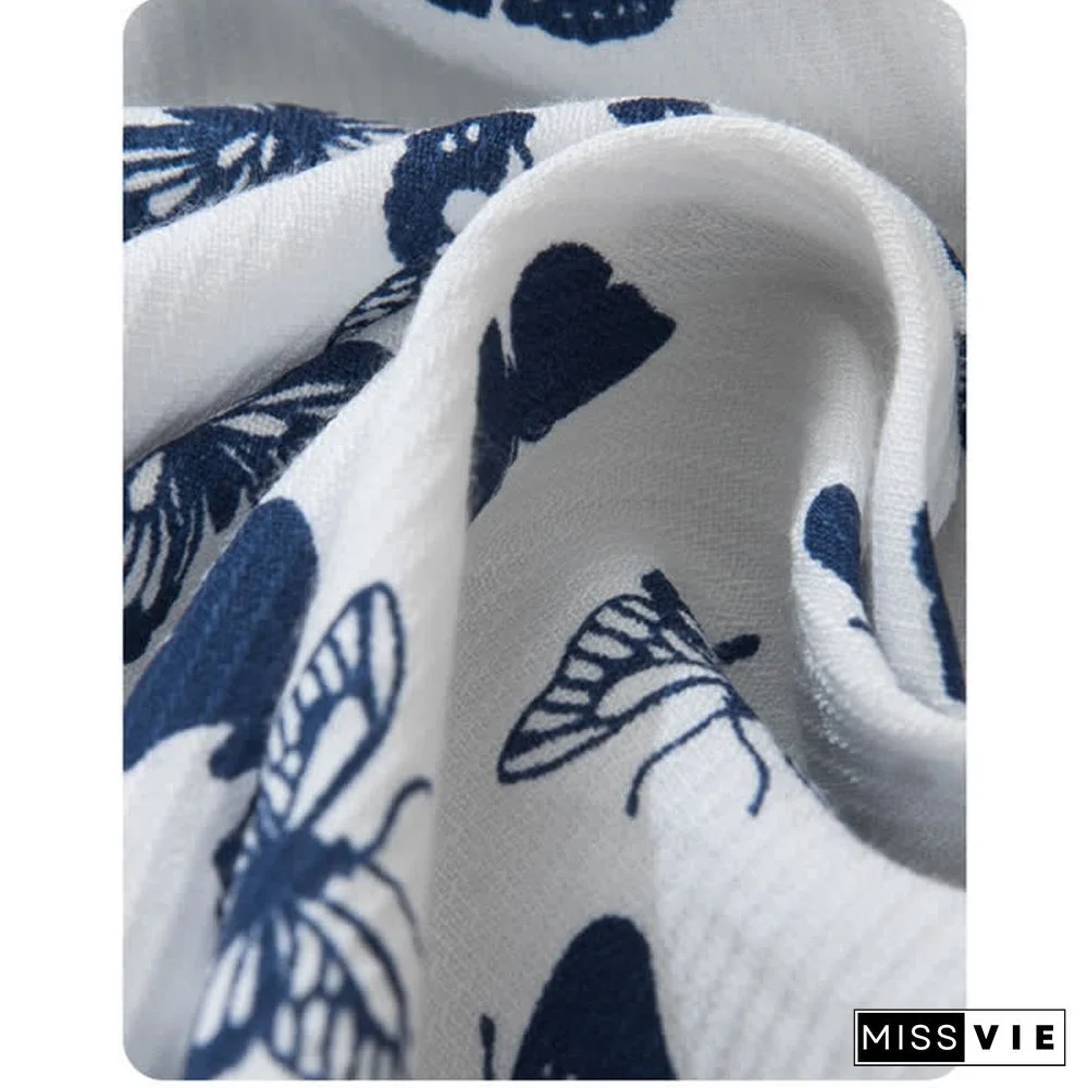 Vintage Butterfly Print Pocket Lace Up Loose Polo Shirt