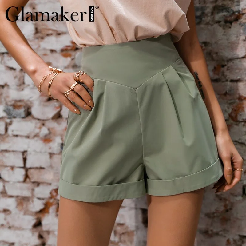 Glamaker Asymmetry high waist cotton summer shorts Women casual loose green 2021 new zipper Office ladies fashion shorts