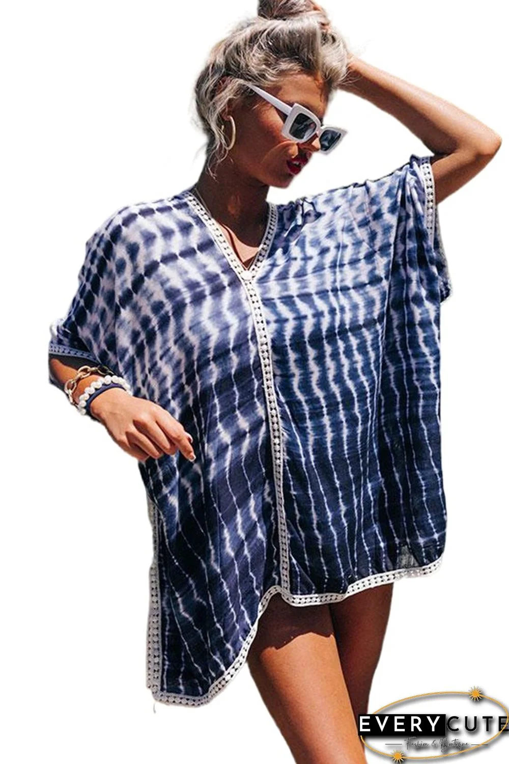 Blue Tie-dye Batwing Sleeves Beach Cover up