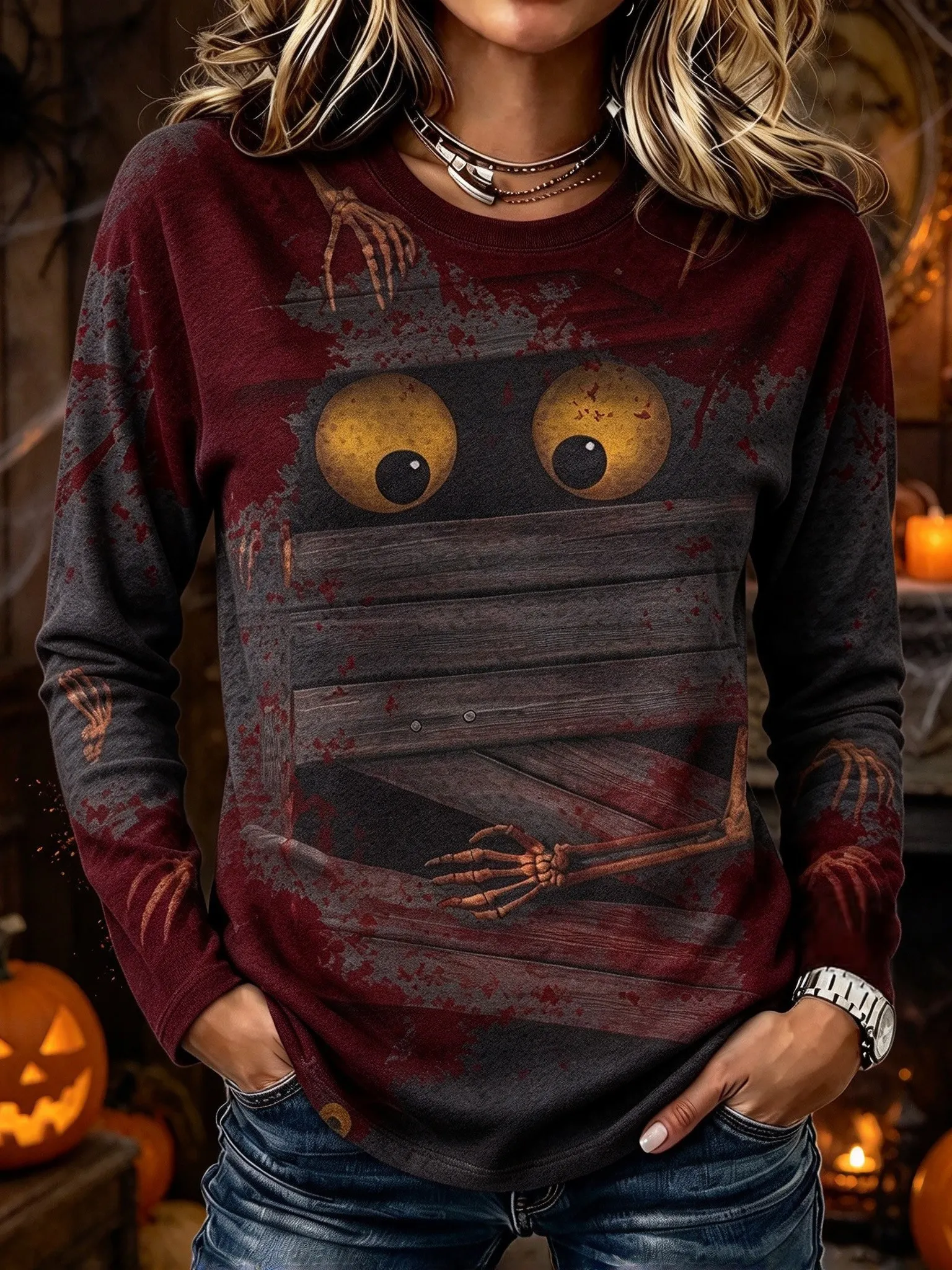 Comstylish Women's Skull And Bloodstain Print Retro Long-sleeve T-shir
