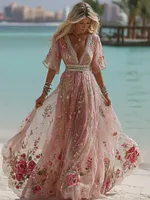 Women's Bohemian Vintage Rose Floral Pattern Linen Dress