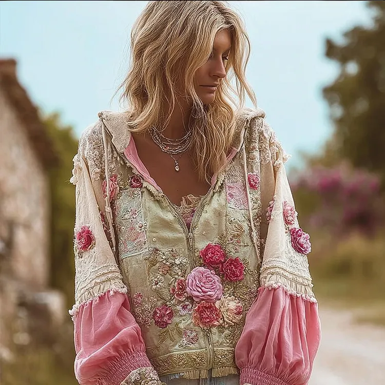 Women's Patchwork Floral Vintage Hooded Sweater Cardigan