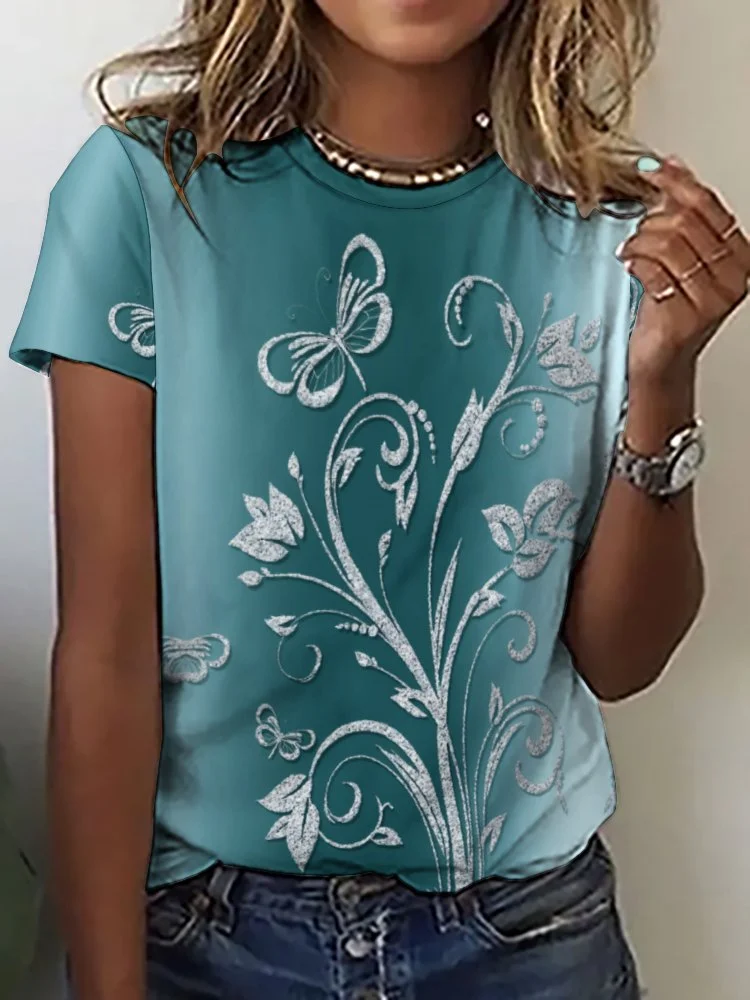 Printed Short Sleeve Casual T-shirt for  Women and Men Unisex Pattern Floral, Glitter, Blue