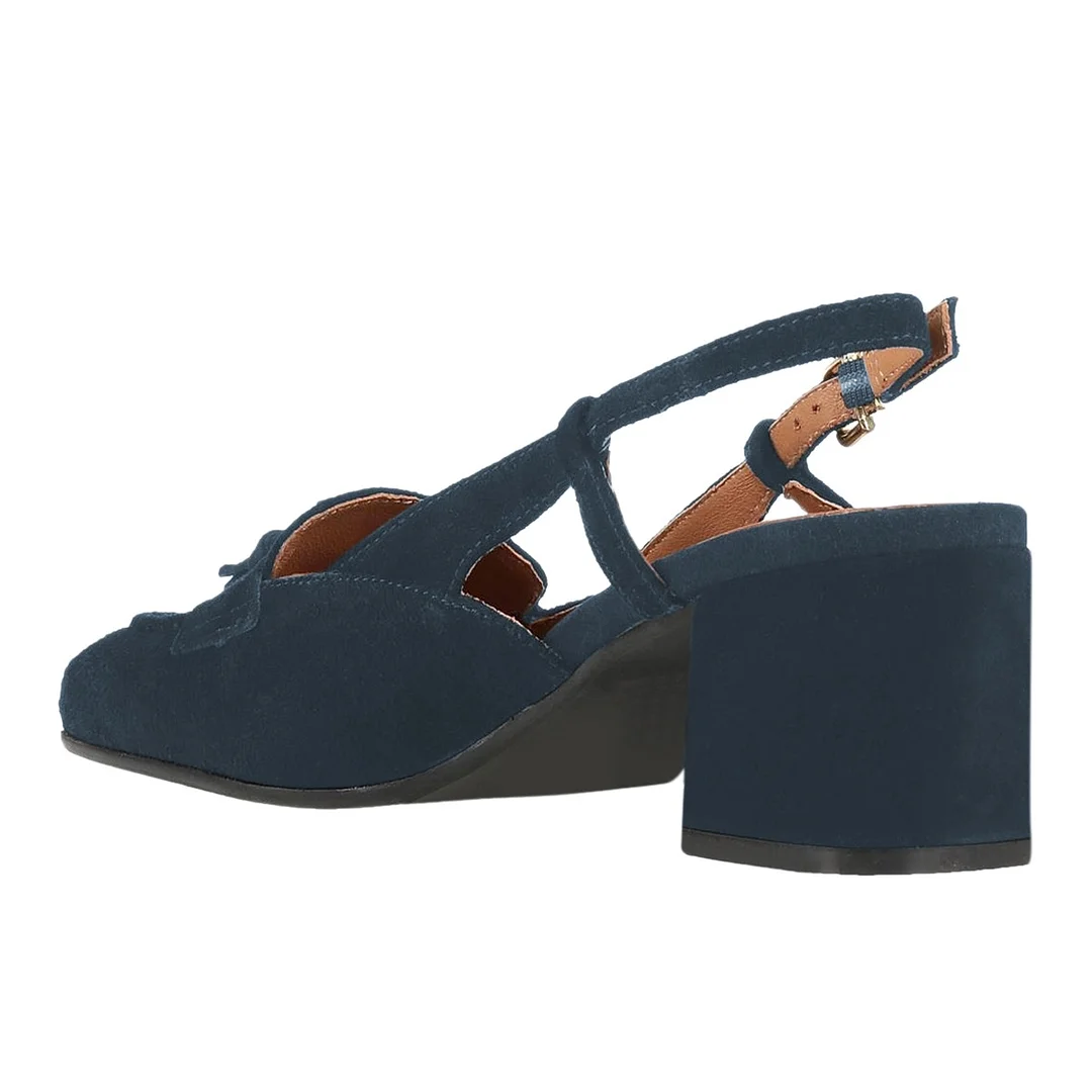 Vegan Suede Square Toe Buckle Tassel Slingback Women's Loafers in Navy