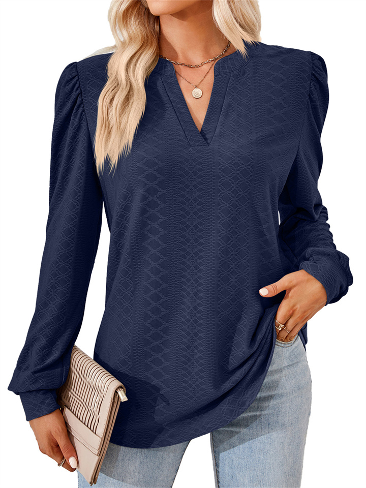 Autumn New Urban Style Solid Color V-neck Jacquard Long-sleeved Loose T-shirt Comfortable Casual Tops for Women