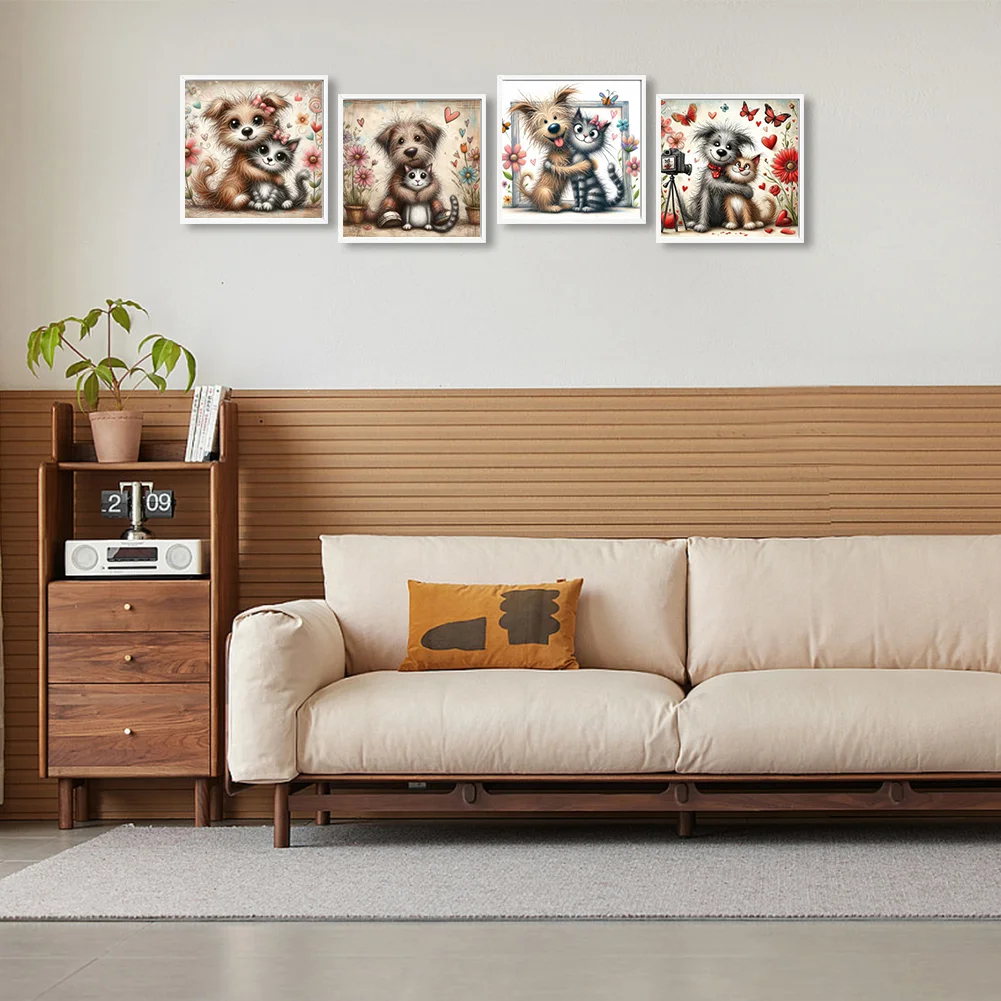 4pcs Diamond Painting - Full Round Drill - Warm Cats Dogs(Canvas|30*30cm)